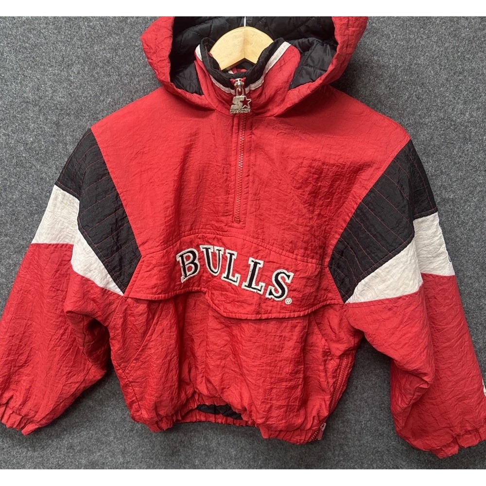 VTG 90s Puffer Starter Jacket Youth Size Small Chicago Bulls NBA Nylon Half Zip